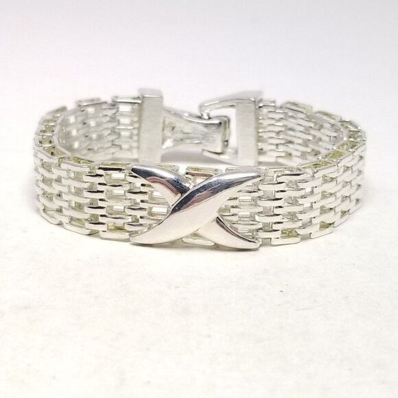 Vintage Lattice Chain Bracelet with X Design Center, Silver Tone Metal, Estate - Picture 5 of 5